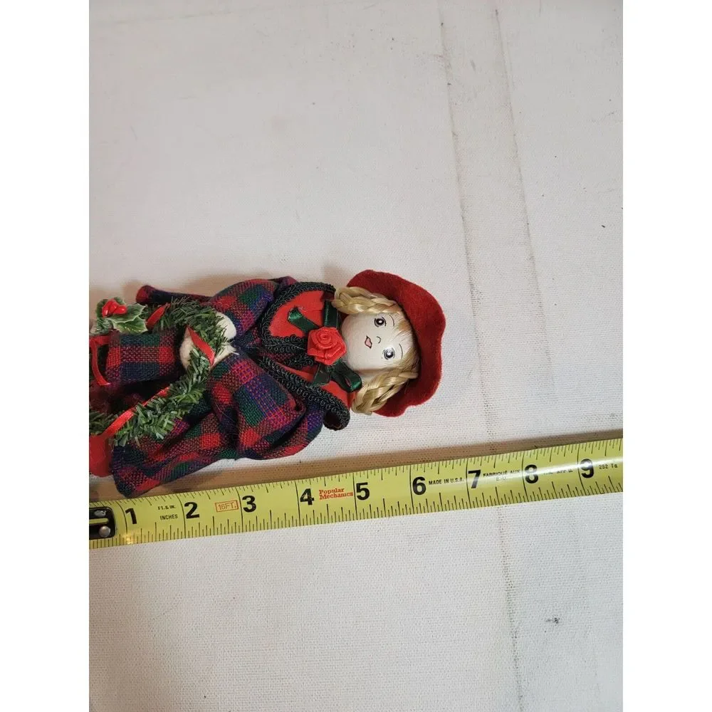 Wood Girl Christmas Wreath Red Green Plaid‎ Felt Hat Blond Hair R.O.C. Holidays